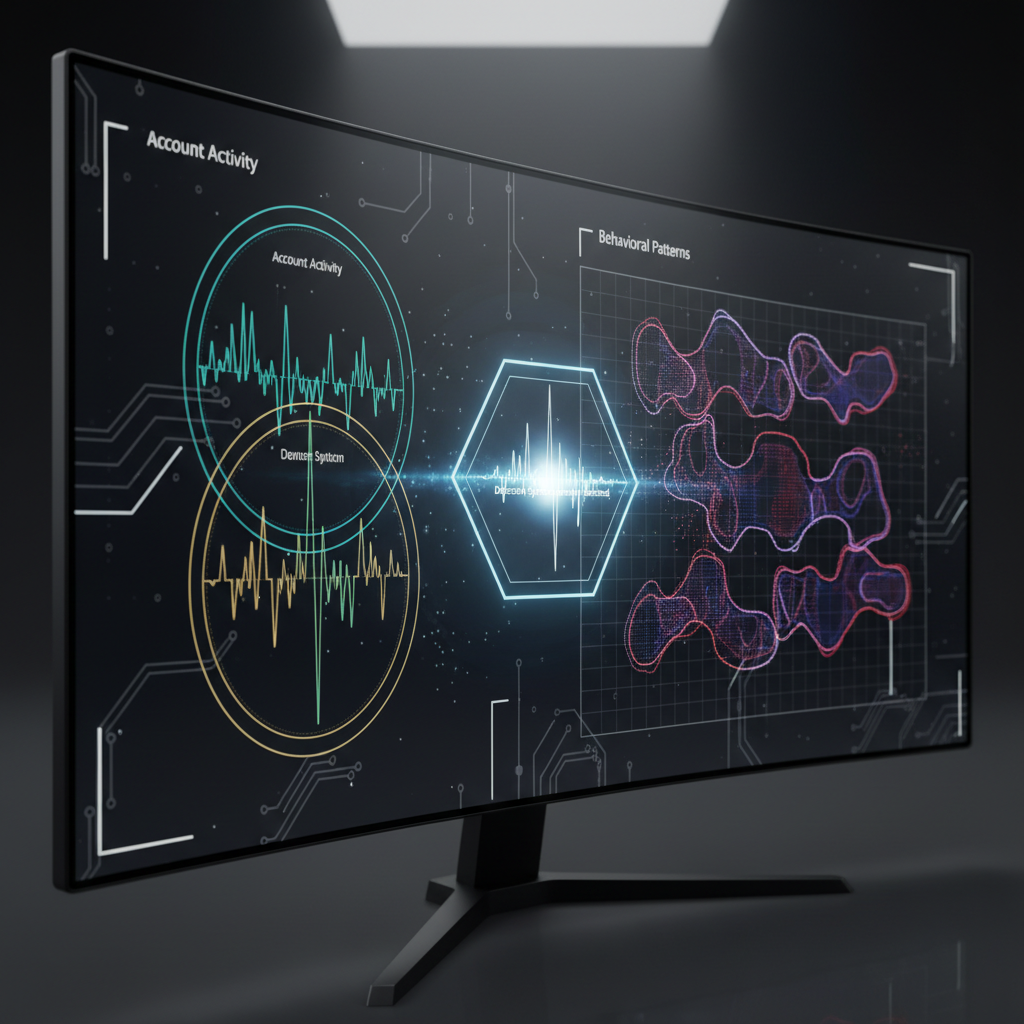 Digital interface shows synchronized account activity graphs.