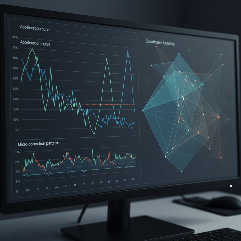 Screen with analysis graphs of mouse coordinates and curves.