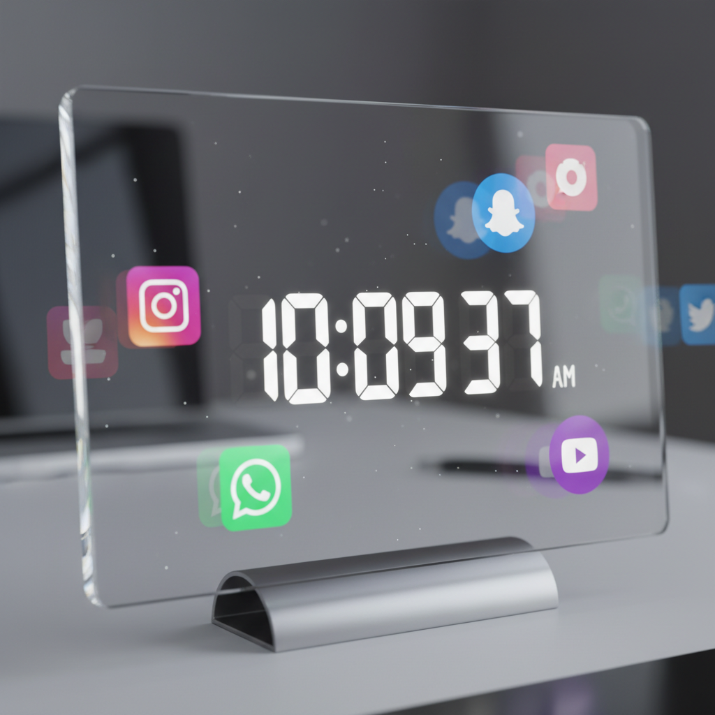 Digital clock with social media notifications indicating timing synchronization.