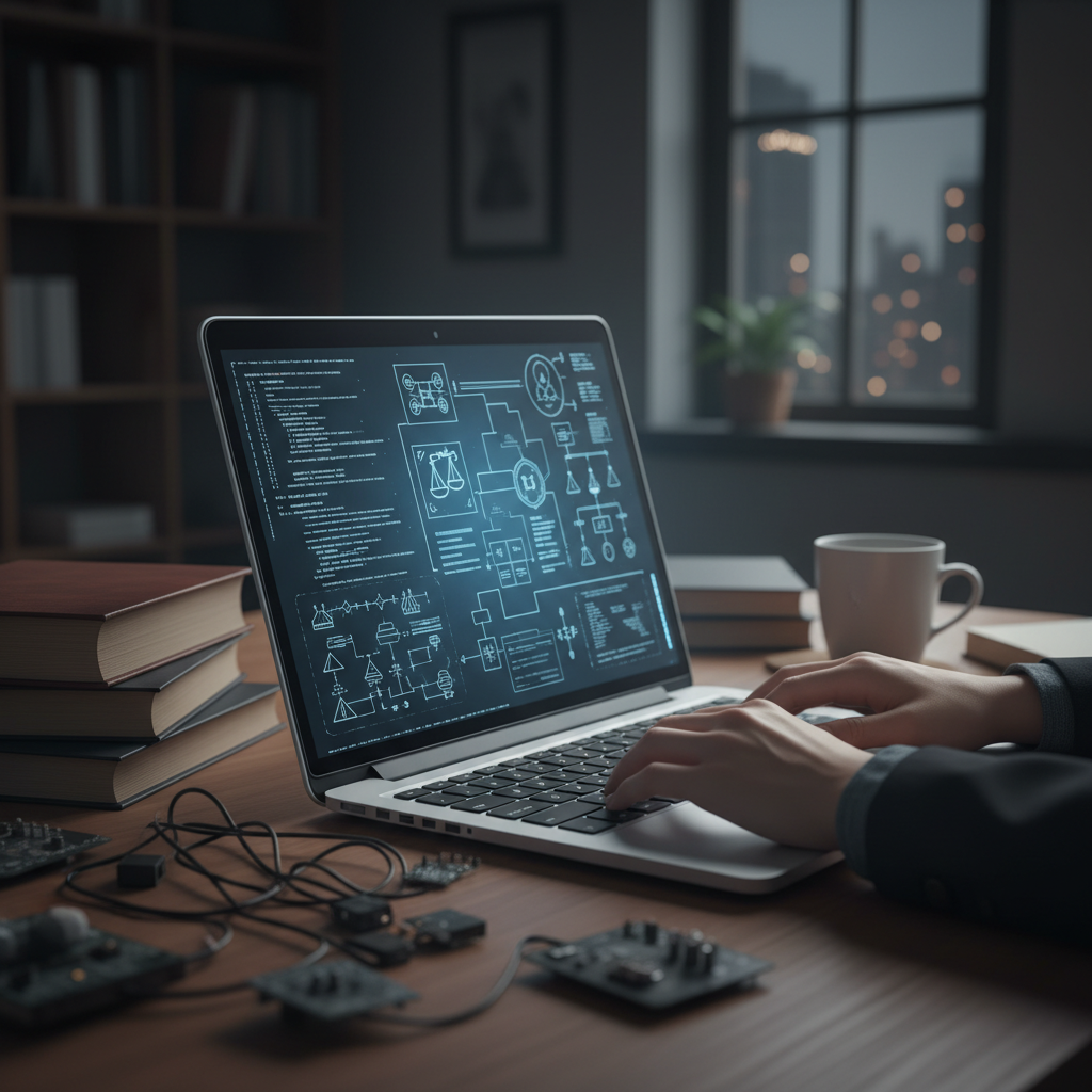 Laptop with code in a dimly lit workspace, symbolizing browser automation.
