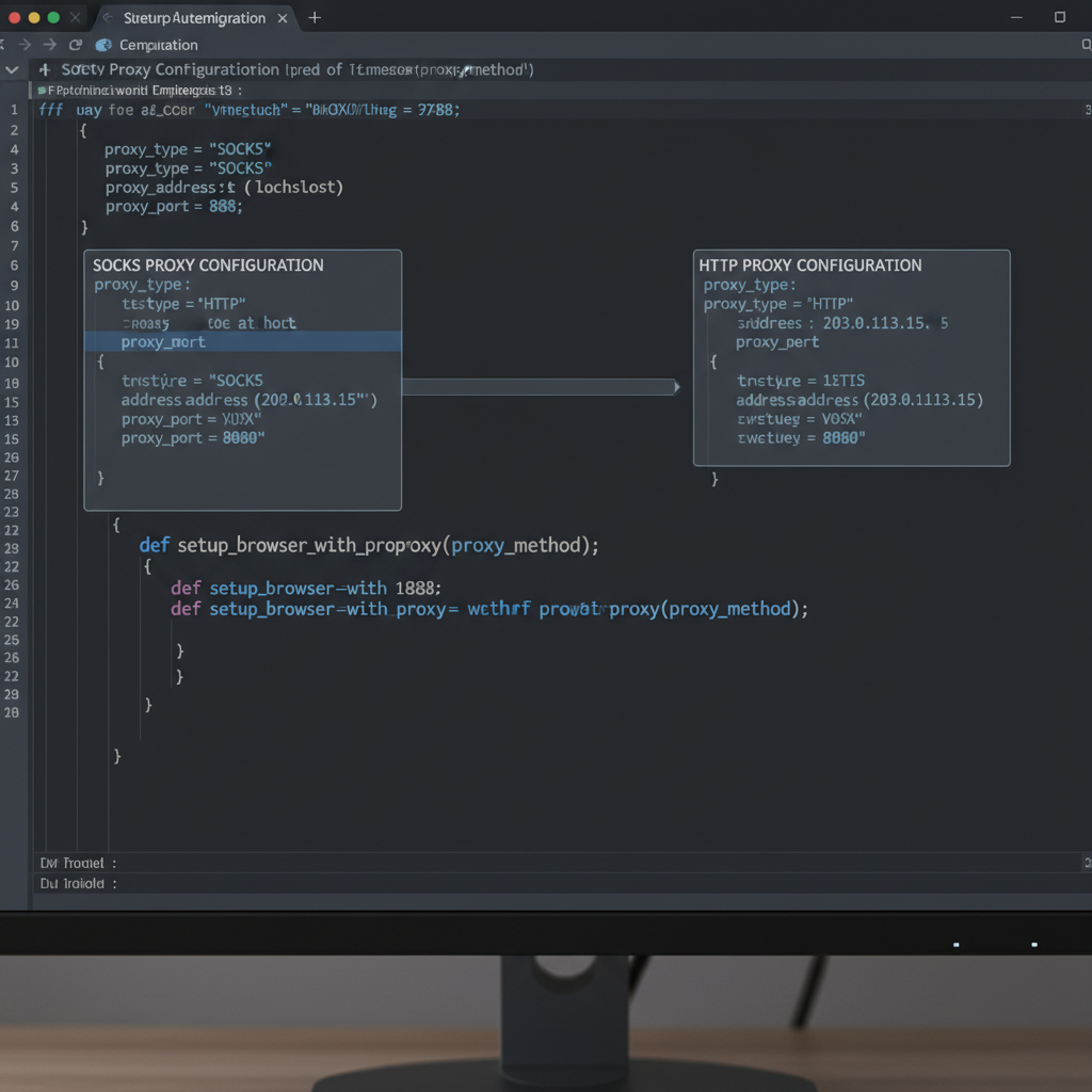 Screen with browser automation scripts contrasting SOCKS and HTTP.
