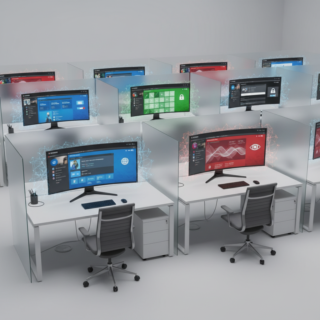 Isolated workstations with distinct browser environments in office layout.