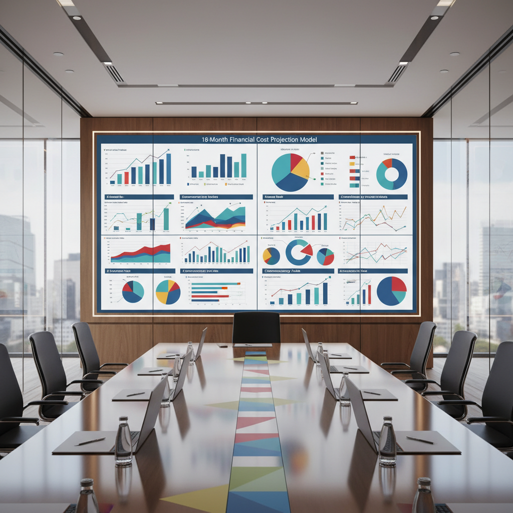 Planning board with charts for 18-month cost projection model in meeting.