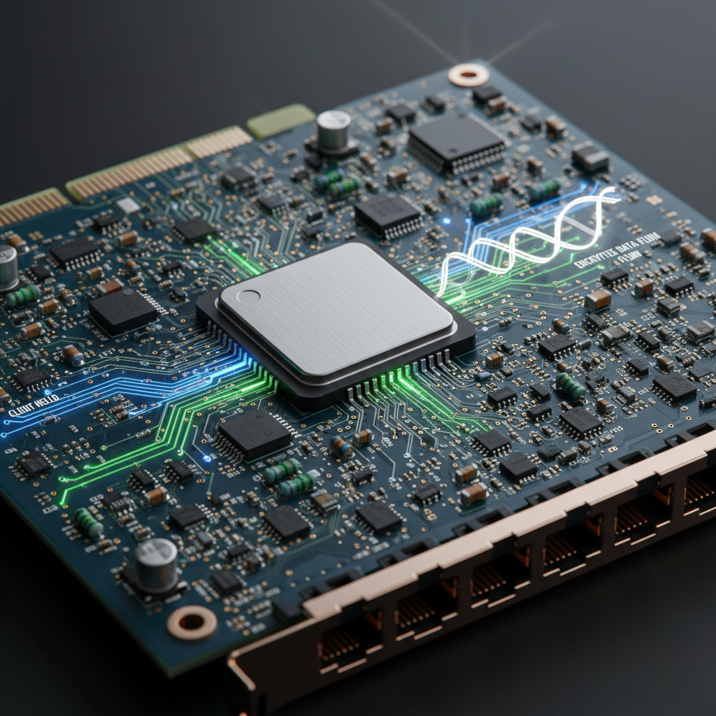 Close-up of digital network card circuits during TLS handshake.