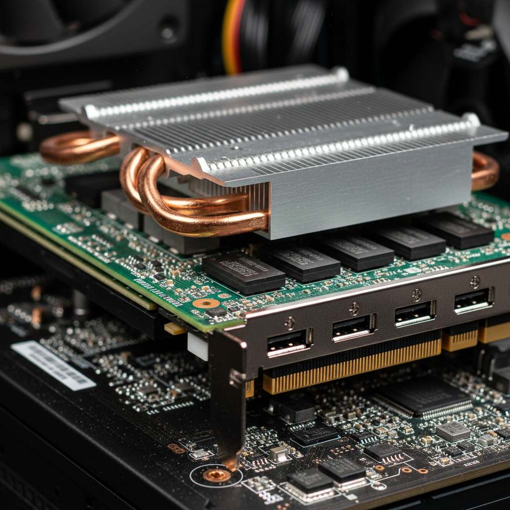 Close-up of a graphics card in a computer with detailed circuitry