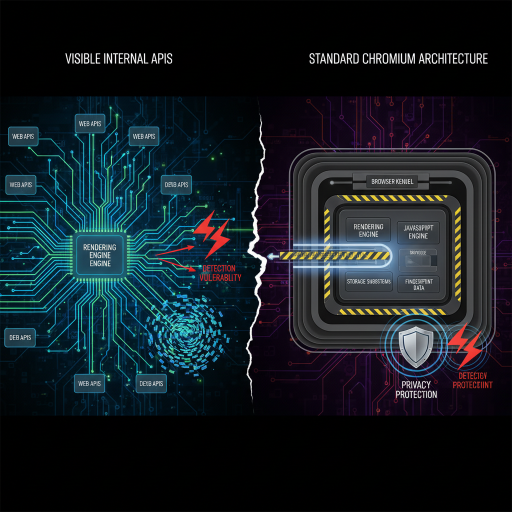 Split view of browser architectures showing APIs and Chromium structure.