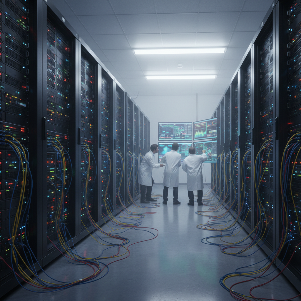 Technicians in server room analyzing network protocols.