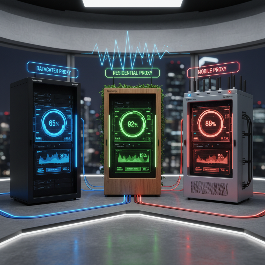 Screens comparing proxy types and detection rates.