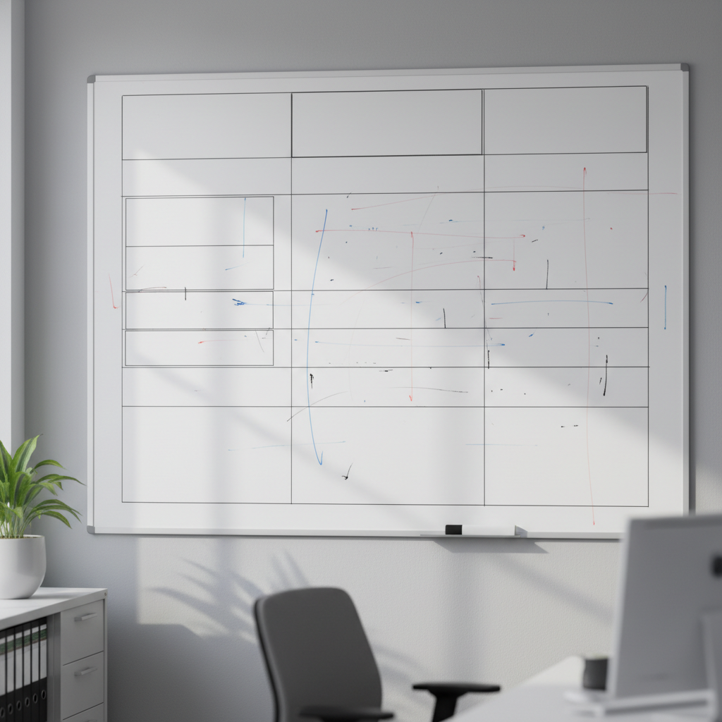 Whiteboard with community types and posting requirements in office setting.