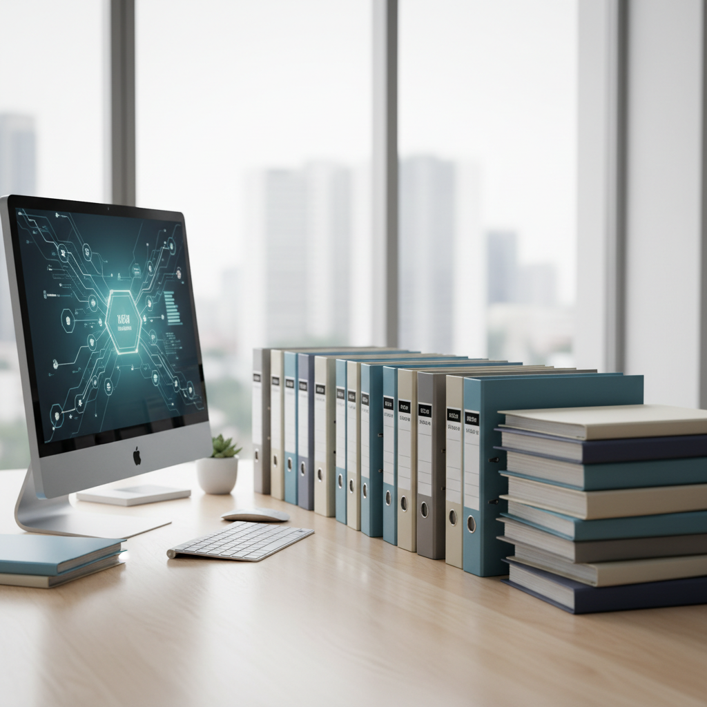Office desk with compliance documents and computer showing standards.