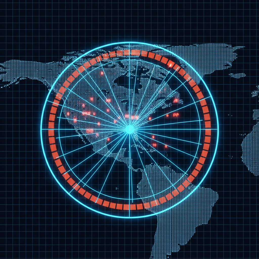 Digital map with IP and timezone boundaries, 50-mile radius marked.