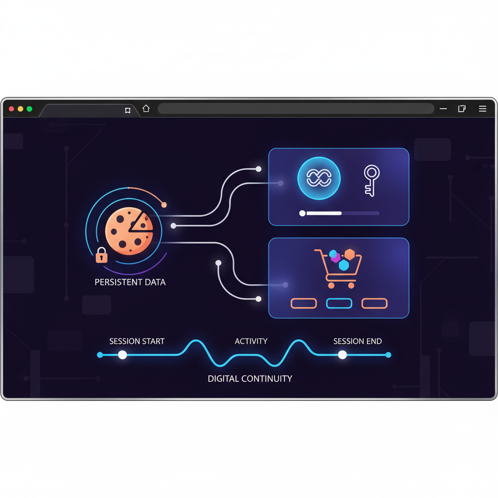 Digital interface showing cookie persistence with session state elements.