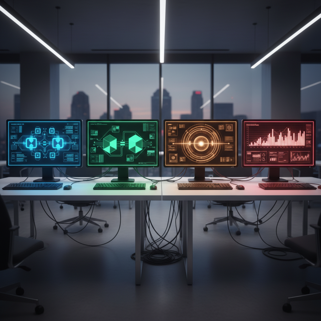 Four computers with verification protocol steps labeled clearly.