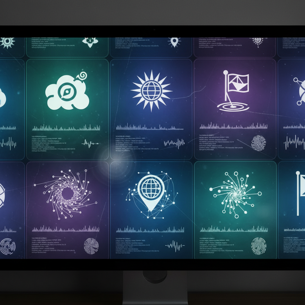 Multiple browser profiles with identity and geographic labels on a screen.