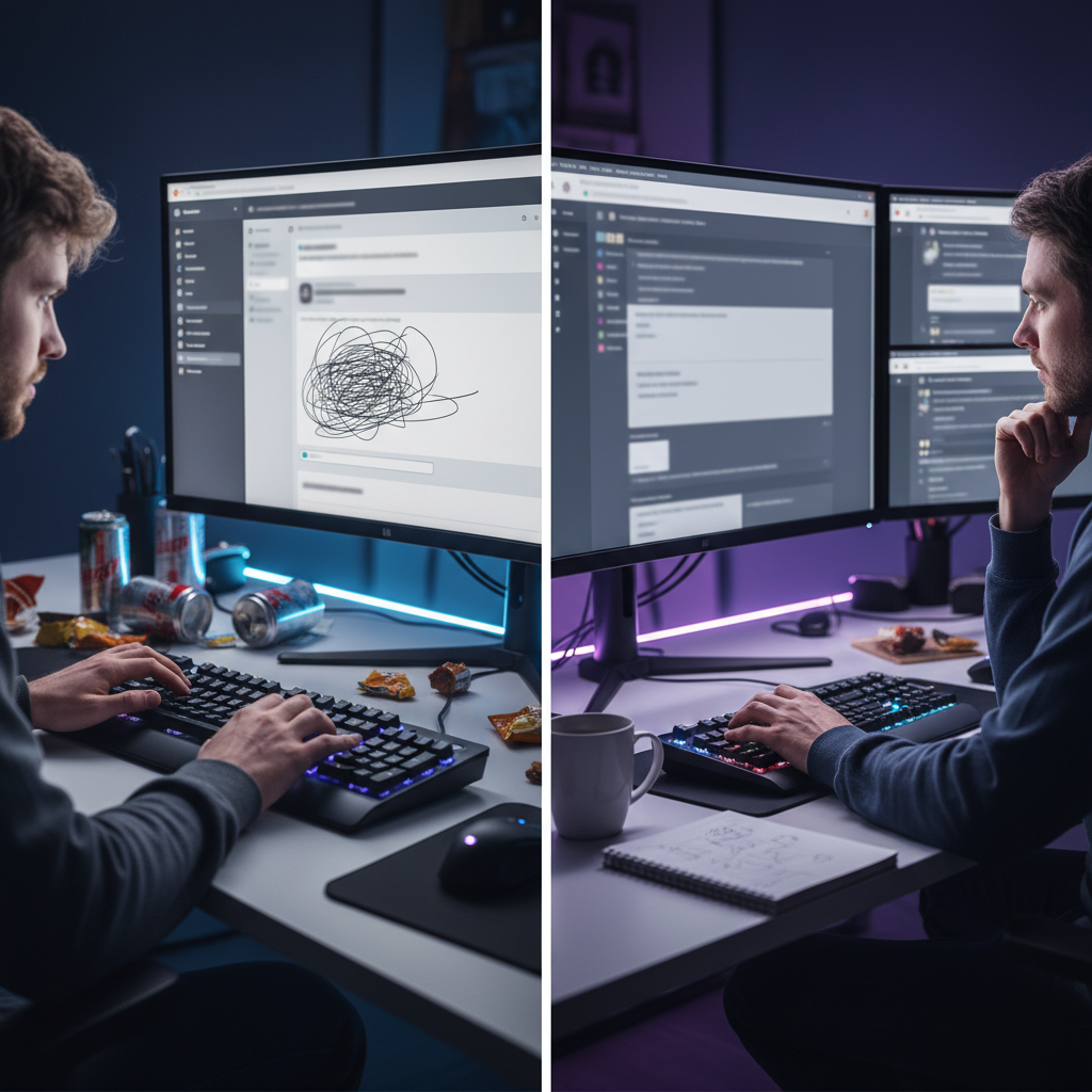 Users on keyboards; one typing quickly, another writing a detailed post.