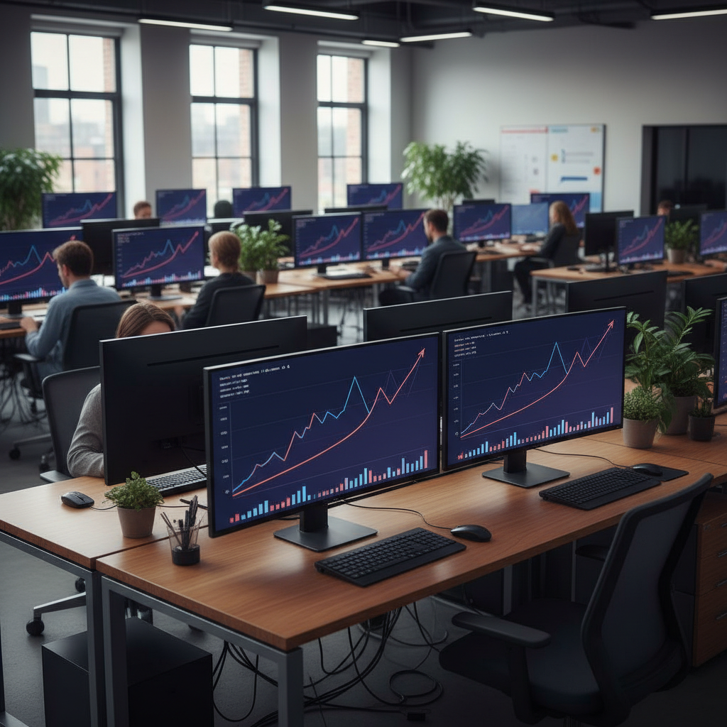 Office with computers showing cost scaling graphs for browser management.