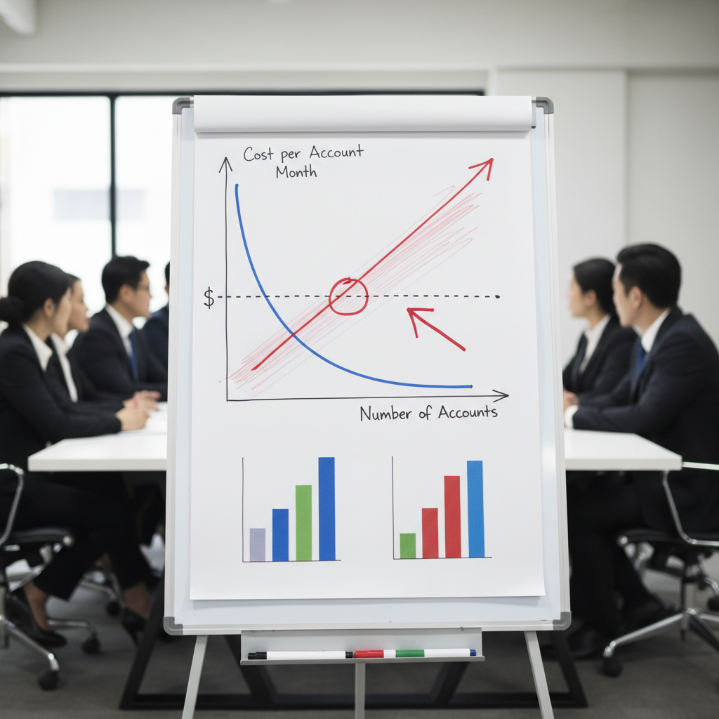 Graph on whiteboard showing cost per account month calculation.
