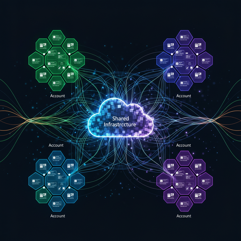 Network diagram on screen showing shared infrastructure patterns.