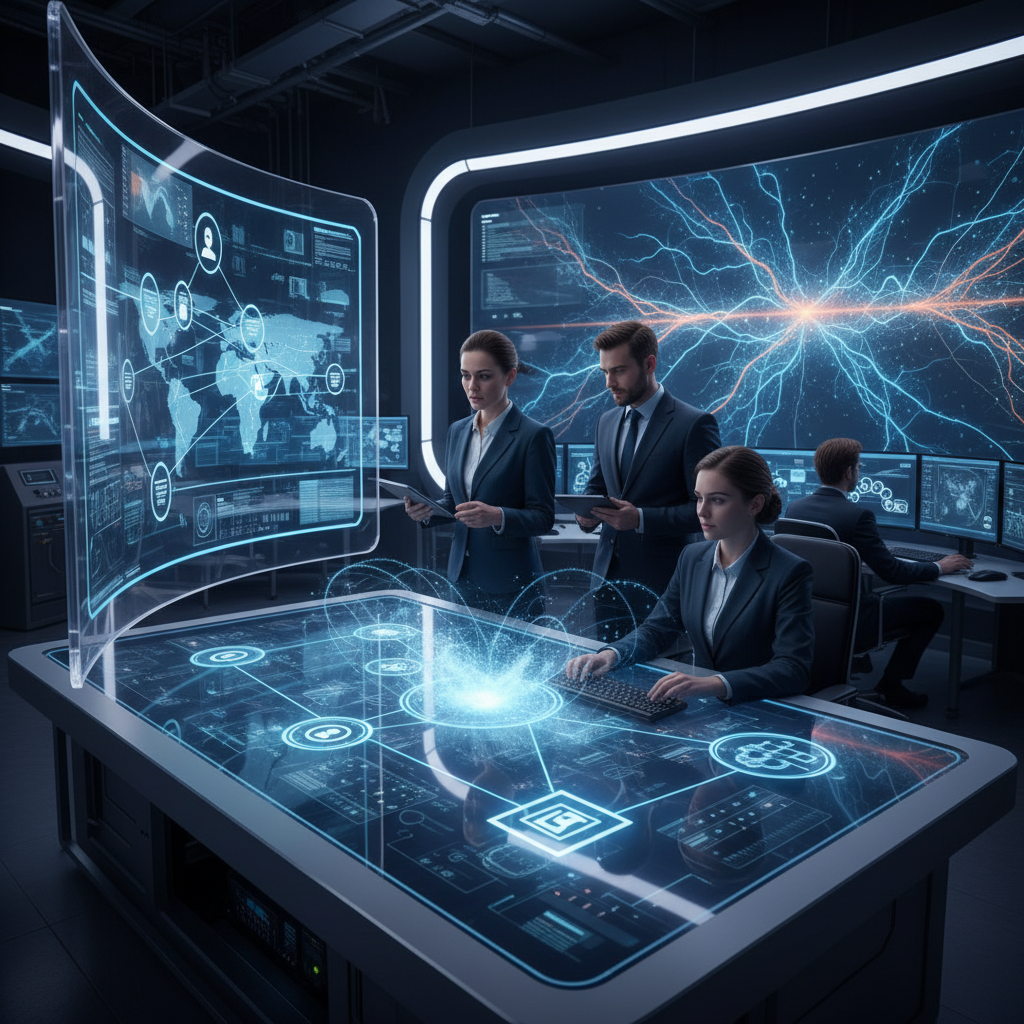 Technicians exchanging detection data on multiple screens.