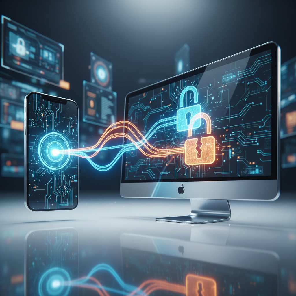 Digital lines connecting smartphone and desktop, showing session handoffs.