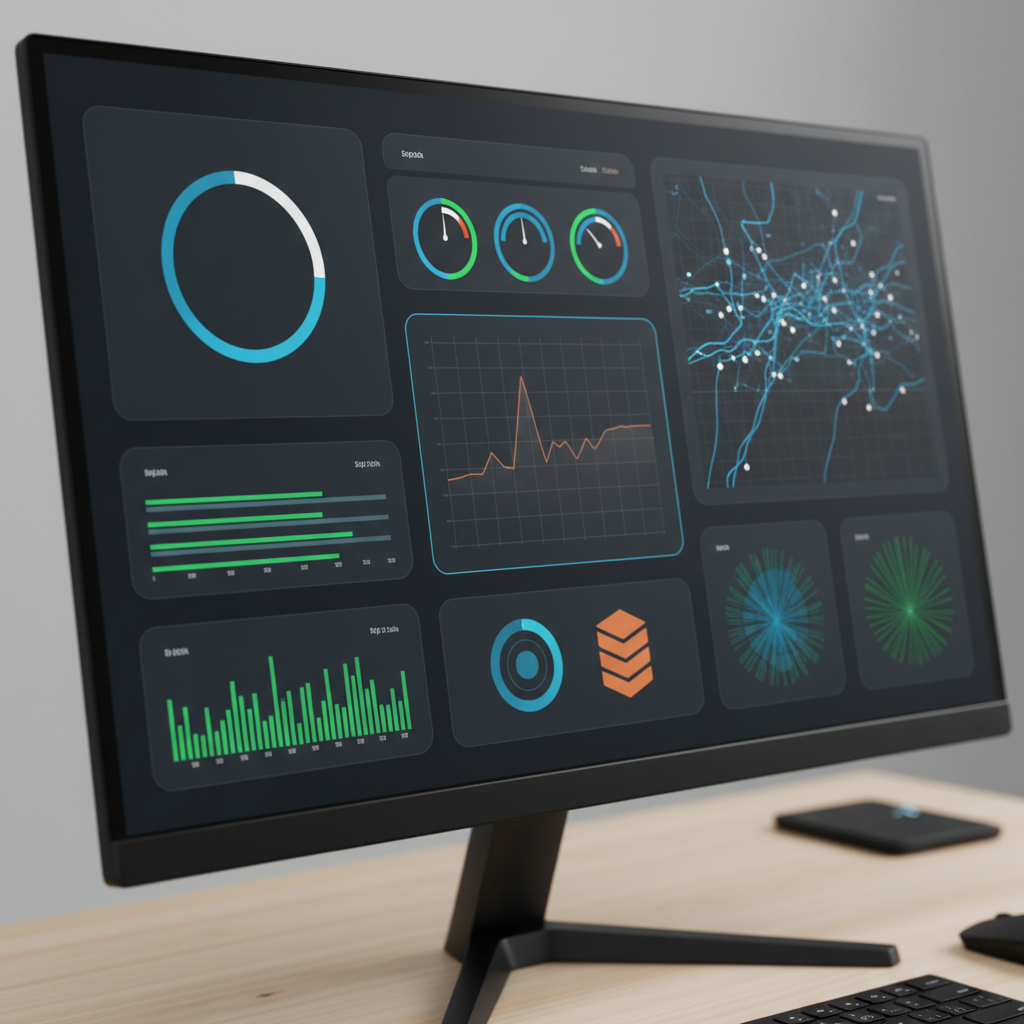 Dashboard on monitor showing real-time data and key metrics.