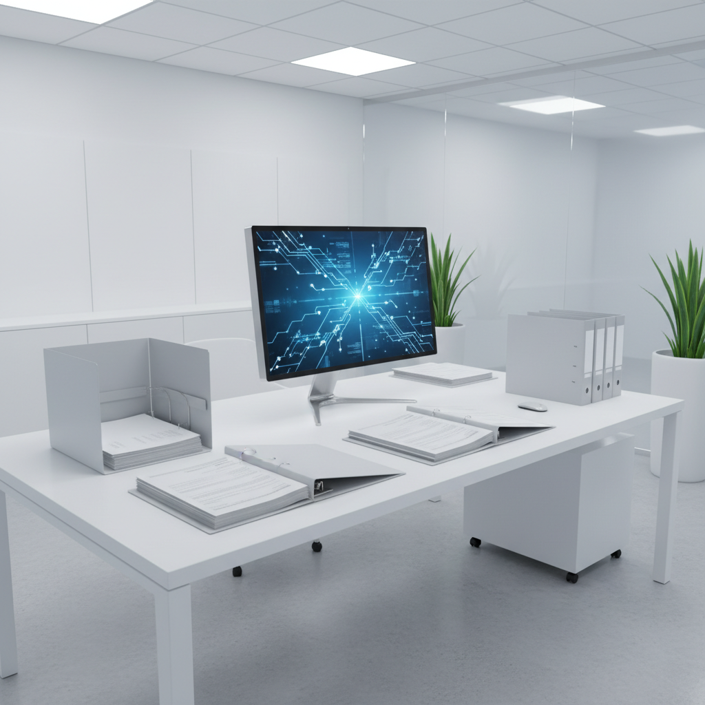 Office with open files and computer showing GDPR documentation.