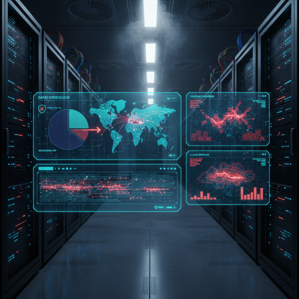 Digital interface with IP flagging in a server room, high contrast lighting.