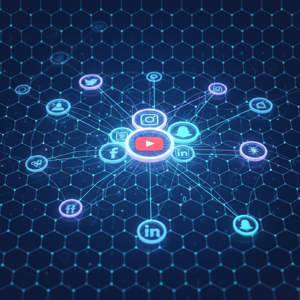 Social media icons connected by glowing lines on a digital interface.