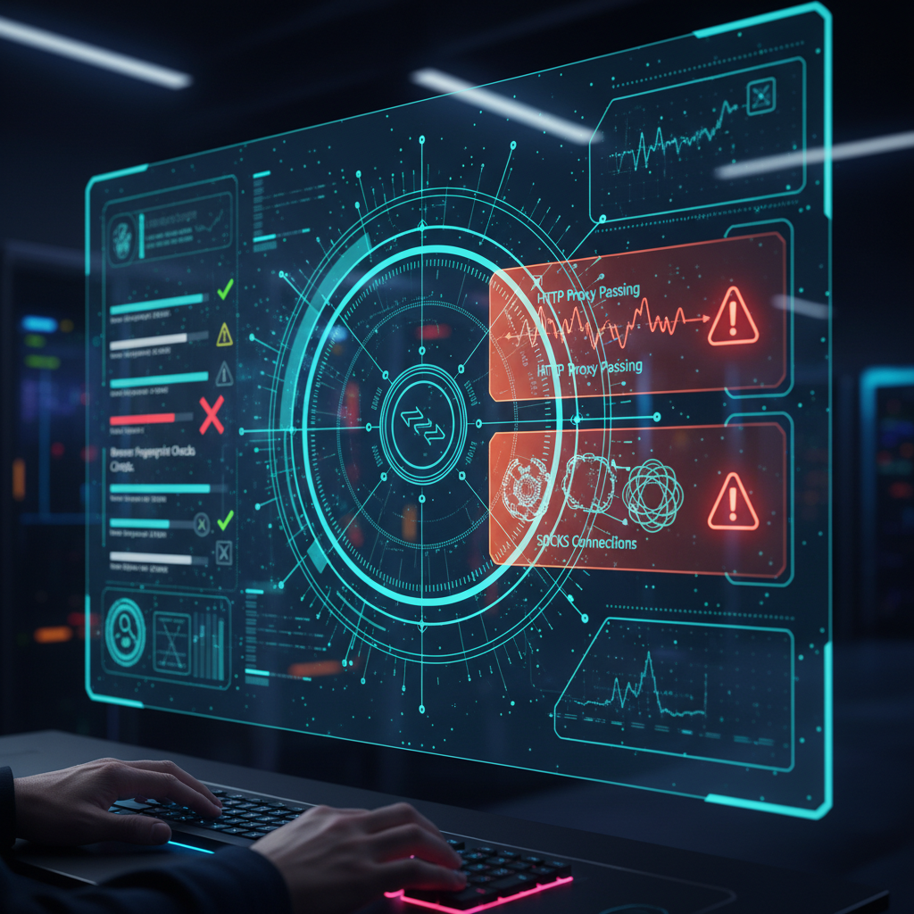 Browser fingerprint check screen with HTTP passing, SOCKS flagged.