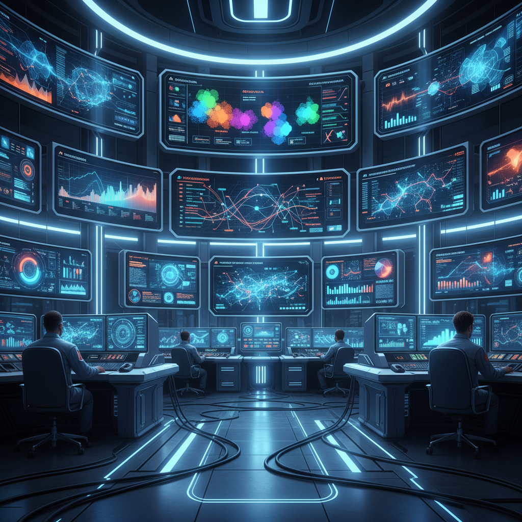 Control room with screens analyzing proxy detection rates, vibrant displays.