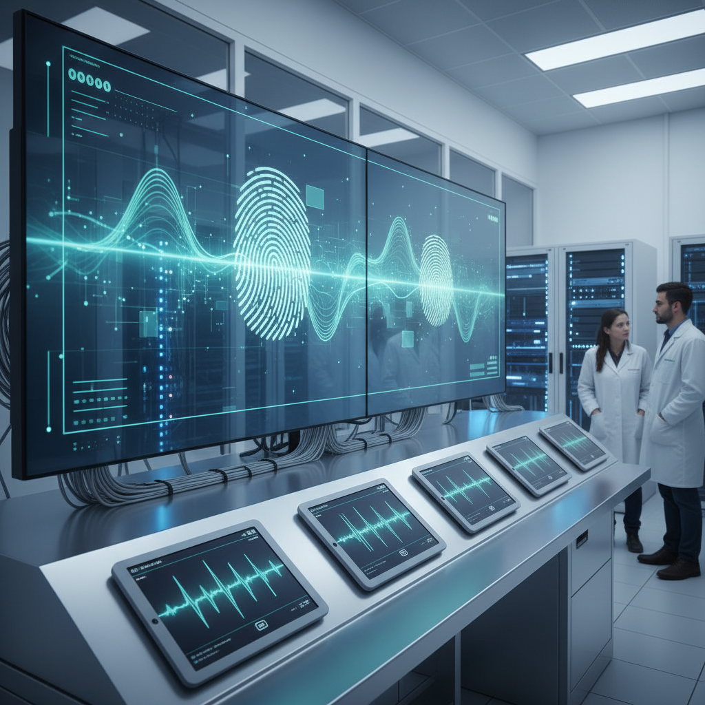 Tech lab with screens showing fingerprint preservation techniques.
