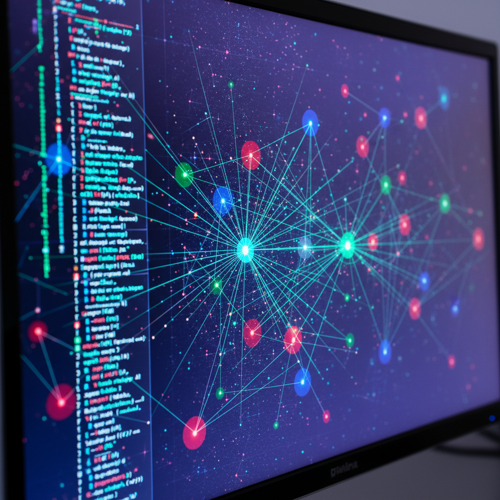 Computer screen with complex code and data graphs, network patterns