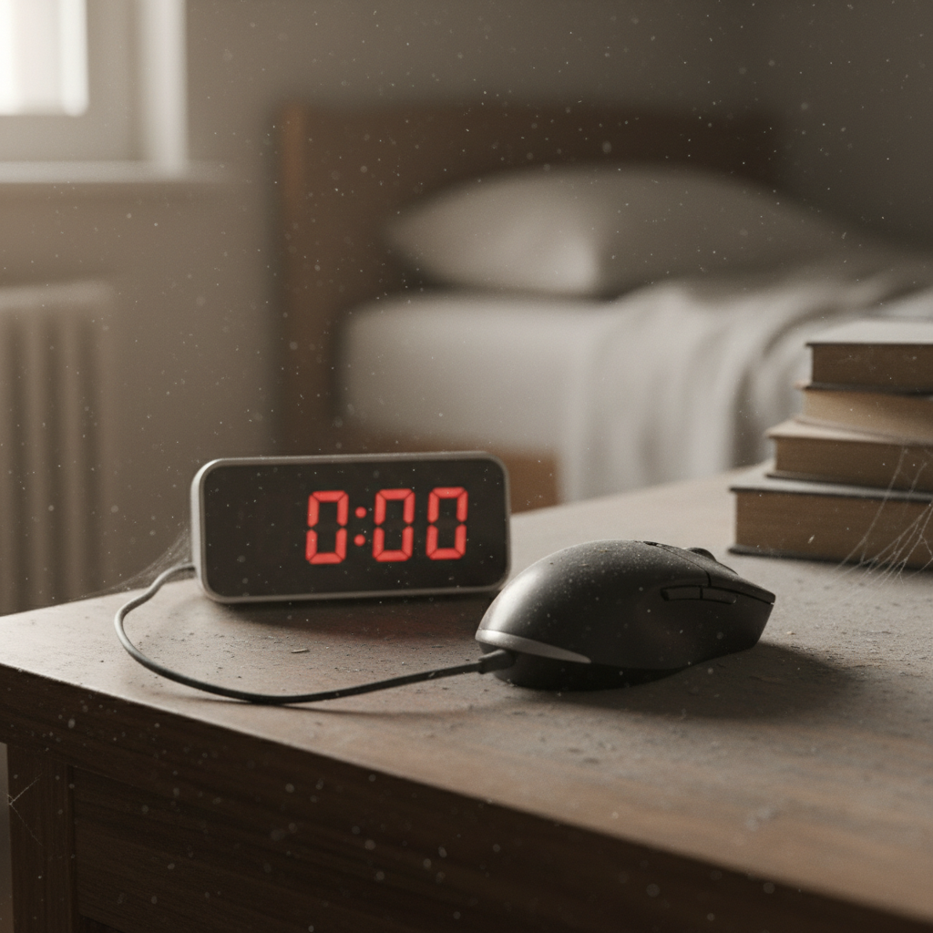 Inactive computer mouse and clock, symbolizing dormancy.