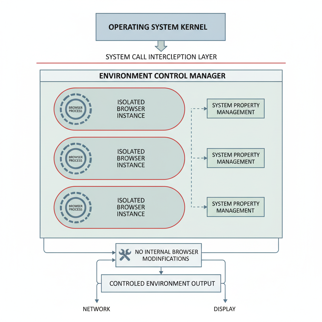 Diagram of browser environment control with process isolation and system call interception.