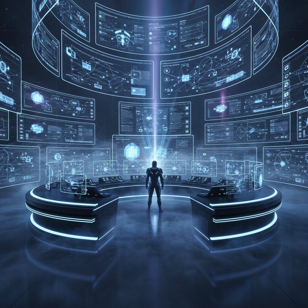 Futuristic control room with screens showing browser architecture in dramatic lighting.