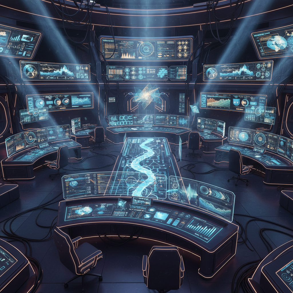 High-tech control center with data streams and platform monitoring screens.