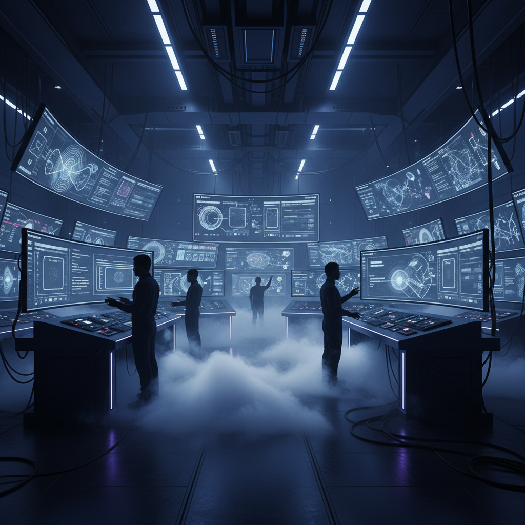 High-tech control room with digital screens and browser data in dramatic lighting.