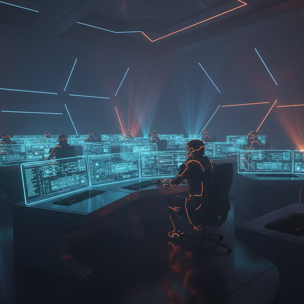 High-tech control room with monitors displaying API diagrams and code.