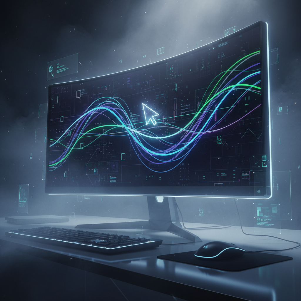 Digital interface with mouse cursor on Bezier curves, dramatic lighting.