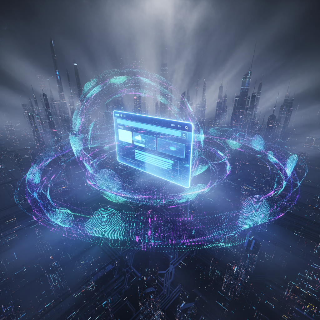 Digital browser interface with swirling data streams and dramatic lighting.