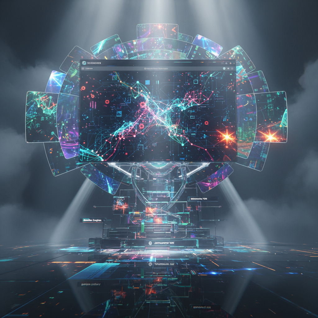 Futuristic browser interface with volumetric fog, 8k quality.