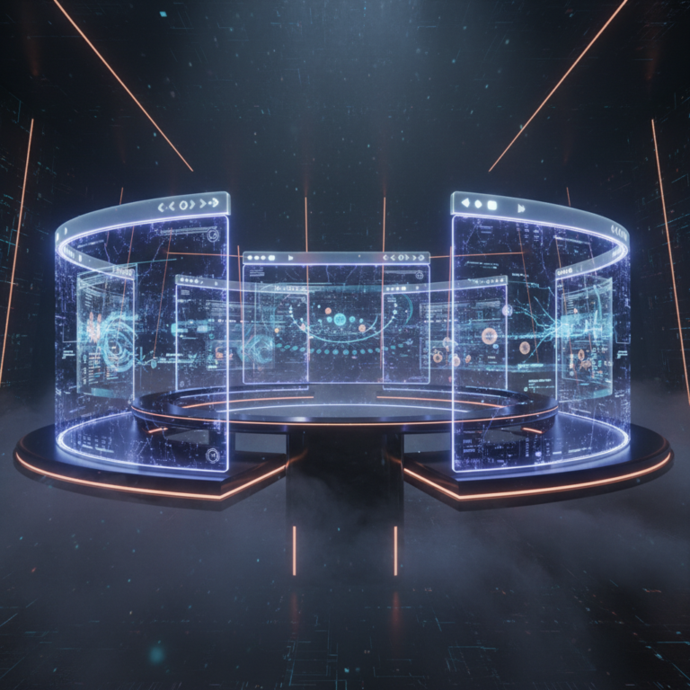 Futuristic interface with browser windows in glowing digital barriers.