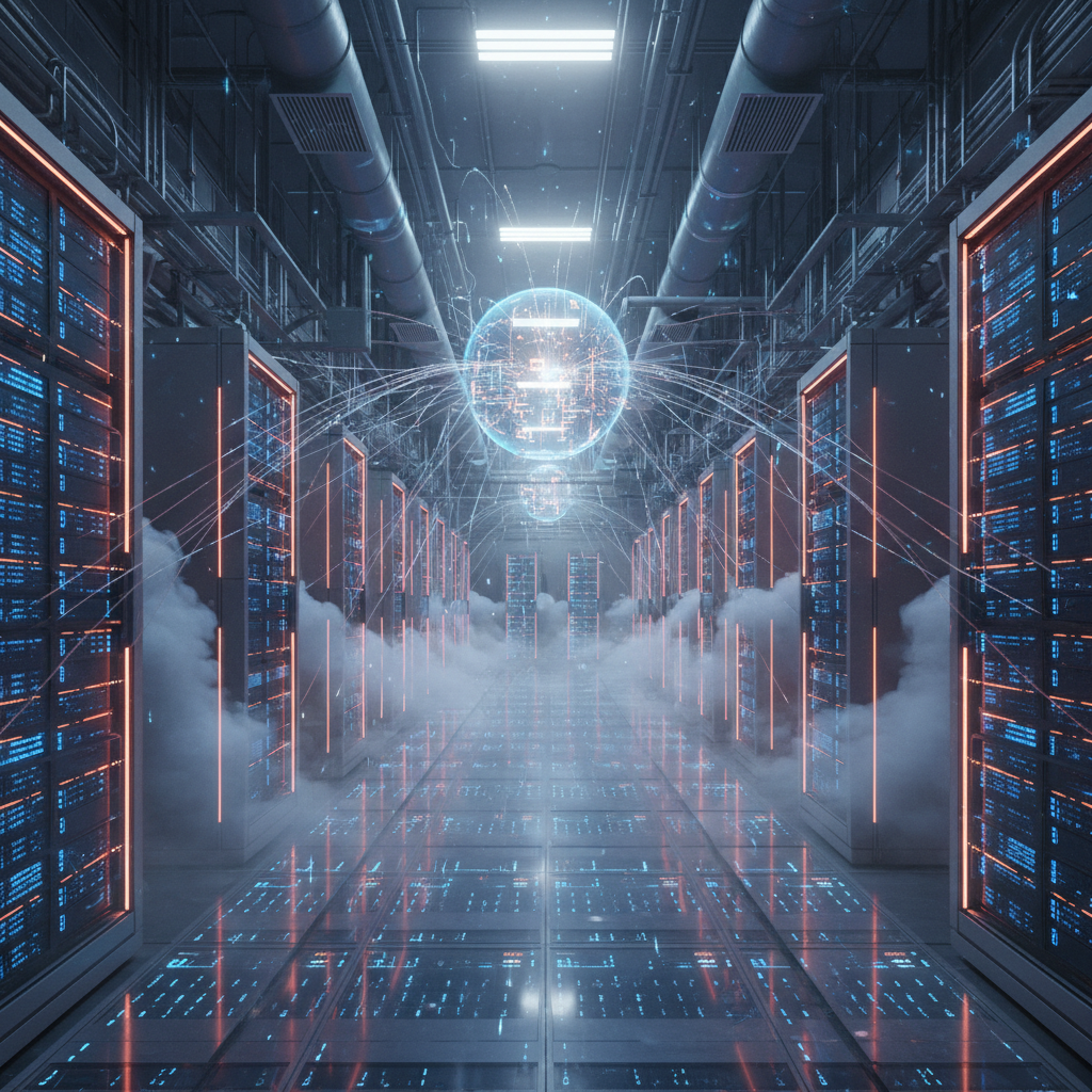 Futuristic data center with glowing servers and dramatic lighting.