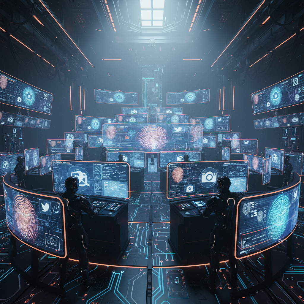 Command center with monitors showing social media logos and digital fingerprints.