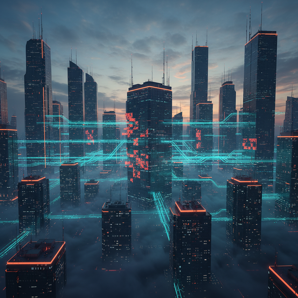 Digital cityscape with data streams between buildings, in 8k with dramatic lighting.