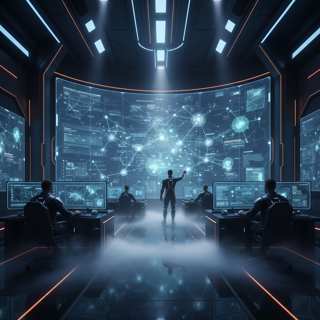 Technicians in a hi-tech control room analyzing holographic network data.