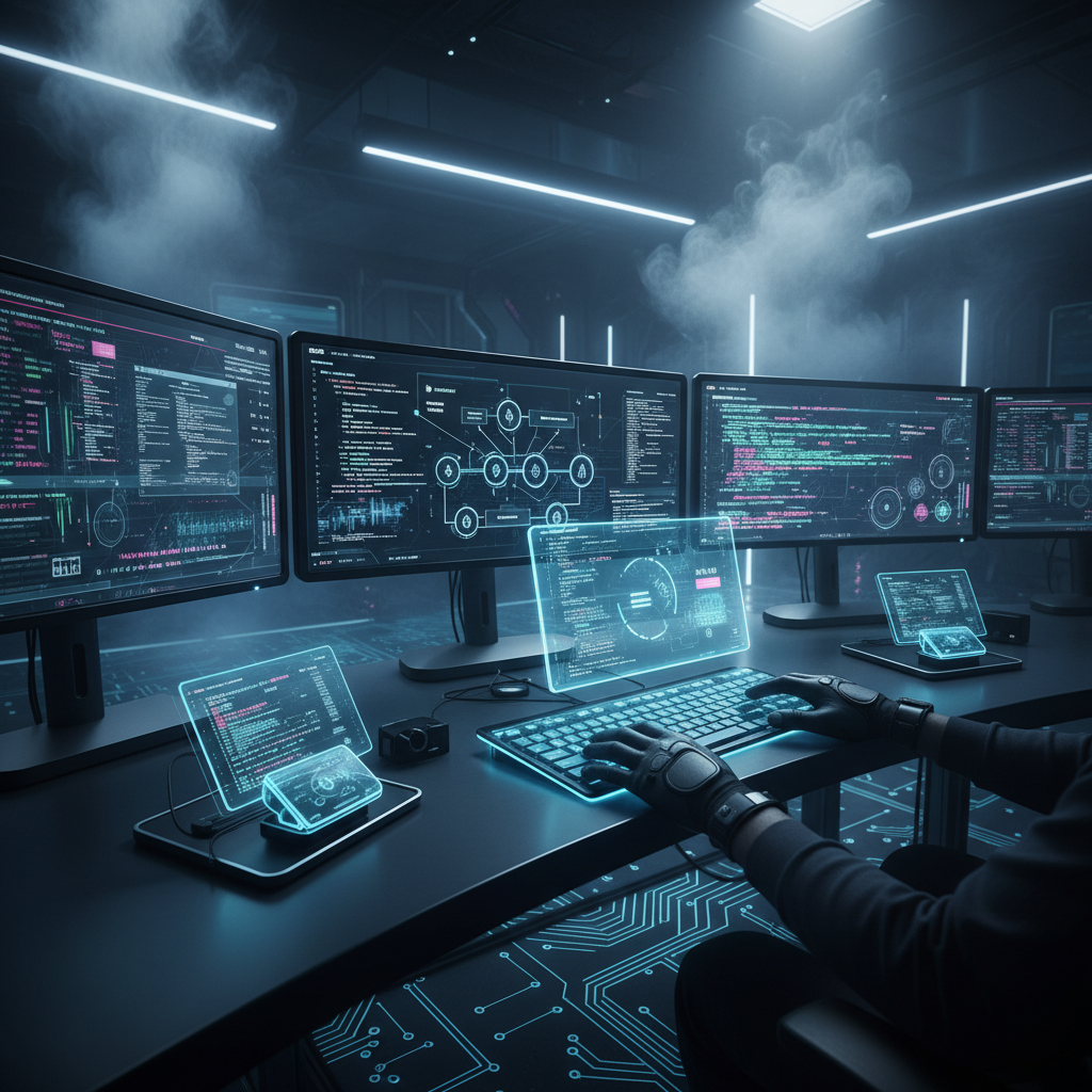 High-tech workspace with monitors showing code and analytics, dramatic lighting.