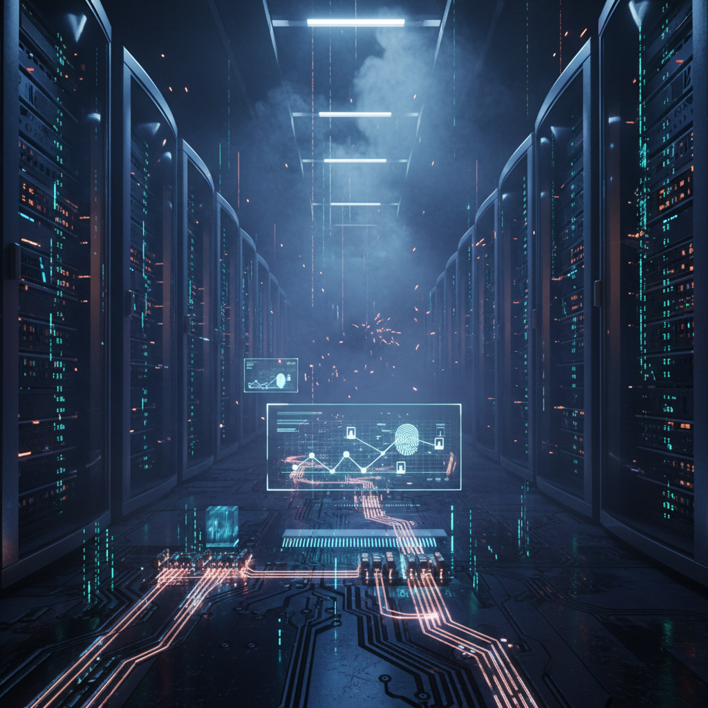Futuristic network scene with server racks, dramatic lighting, and fog effects.