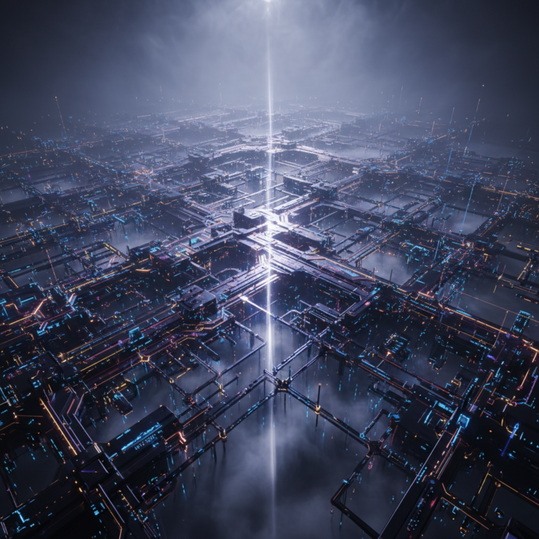 Complex digital network with glowing connections and foggy atmosphere.