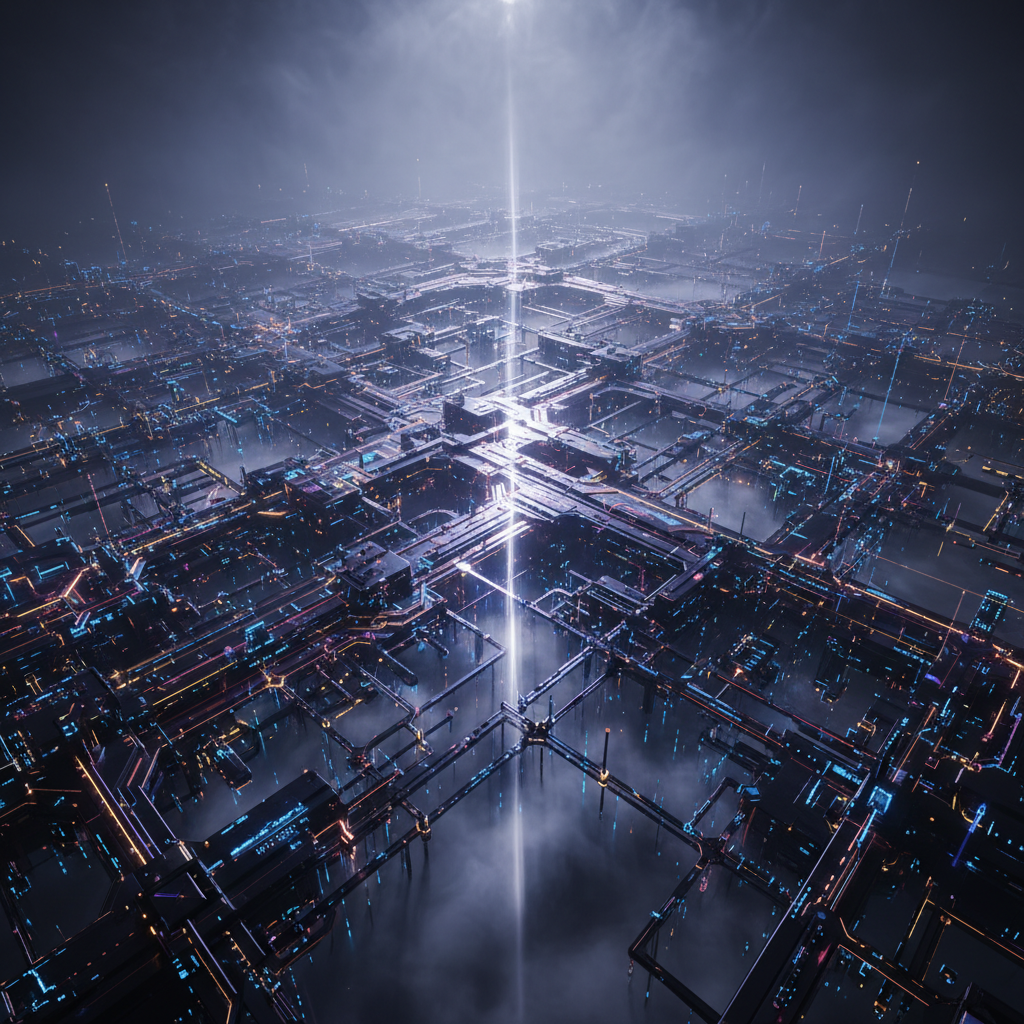 Complex digital network with glowing connections and foggy atmosphere.